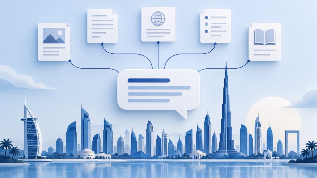 Dubai skyline with source documents connected to an AI answer bubble