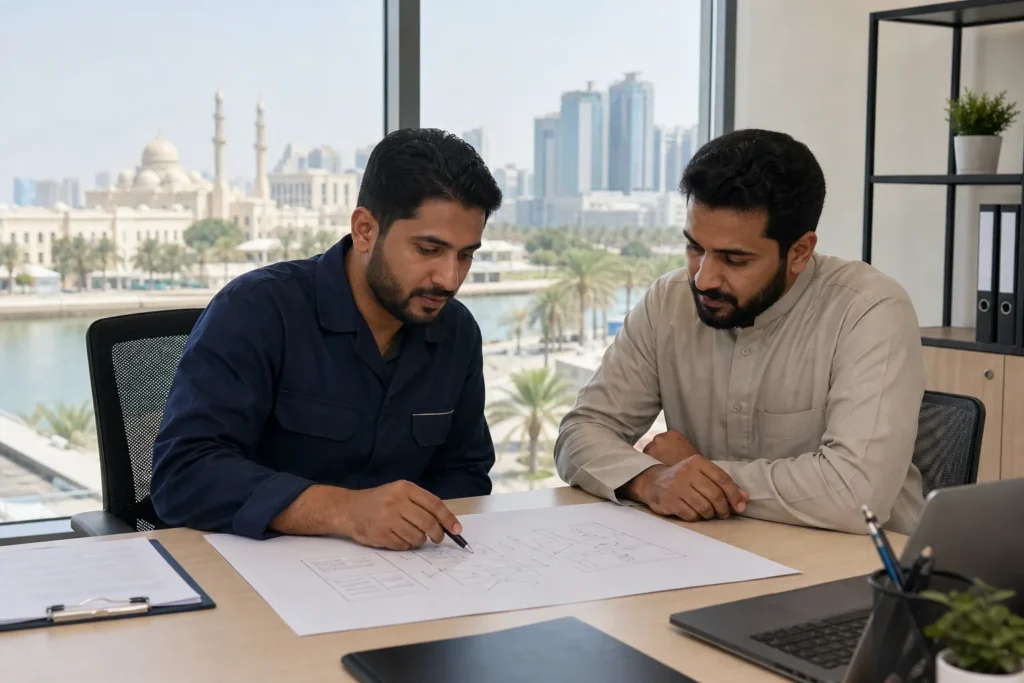 Sharjah business owner reviewing an advertising test plan at a desk, with the city visible through the window